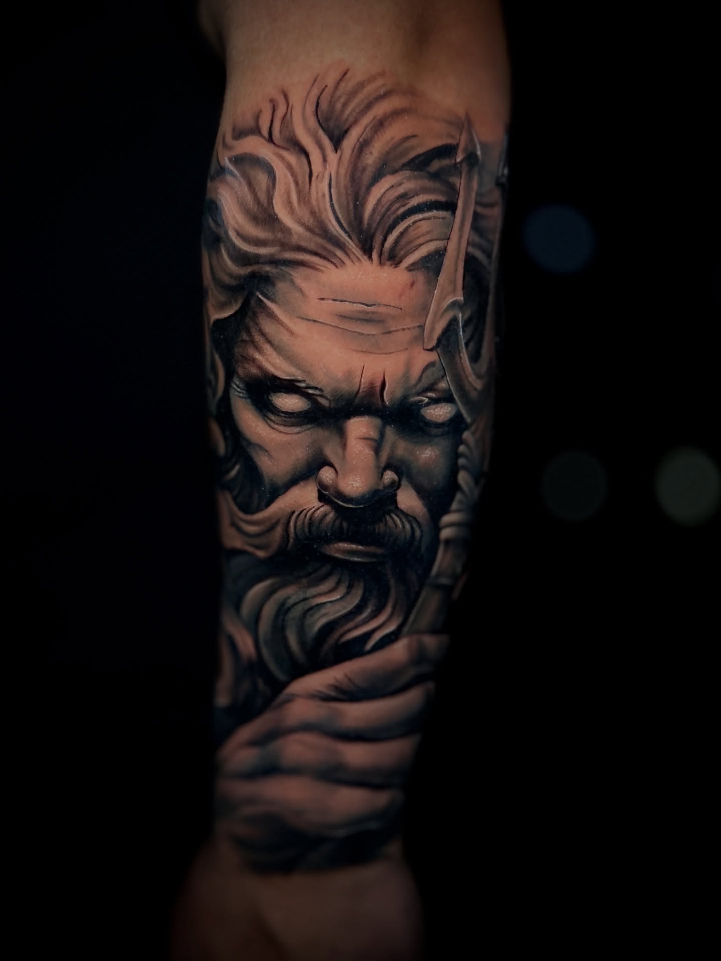 Black & grey Poseidon with trident tattoo — Rafael Galvão