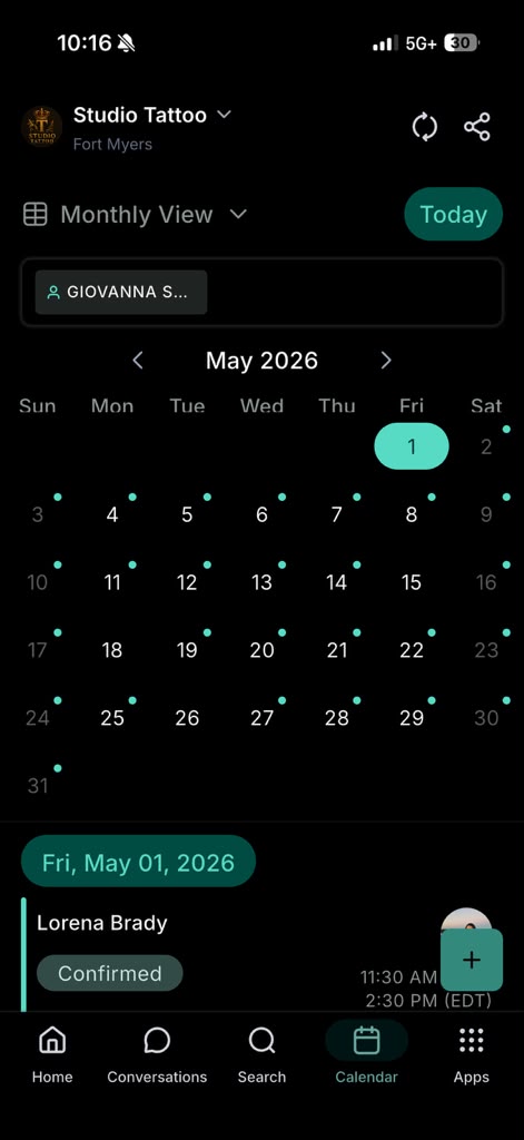 Agenda da Giovanna no app de agendamento — Maio, enchendo