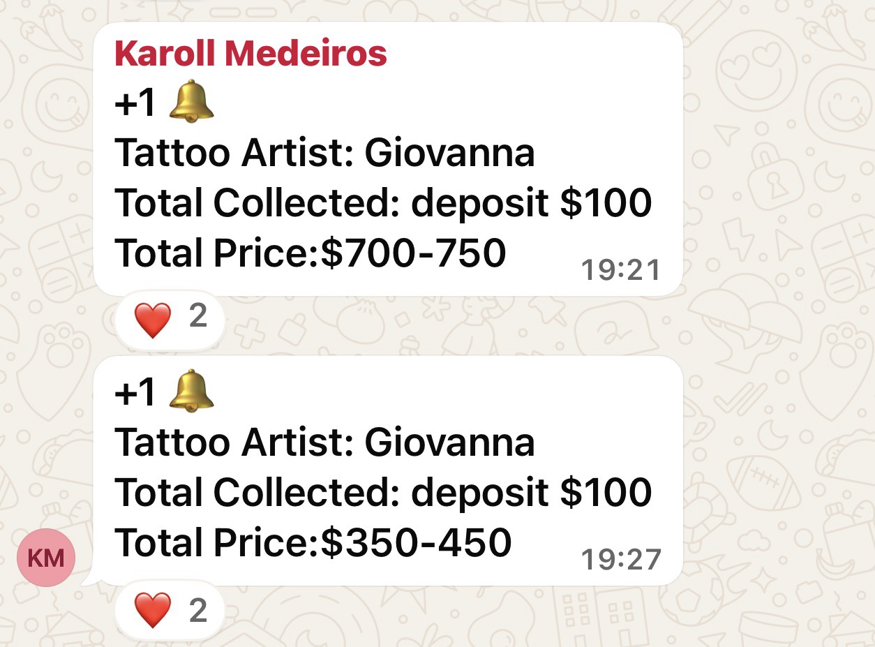 Vendas fechadas — Giovanna — tickets $700–750 e $350–450