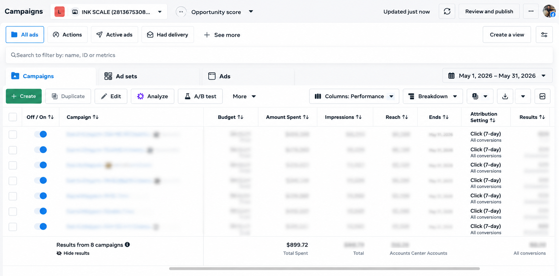 Ad spend in Ads Manager — May · $899.72