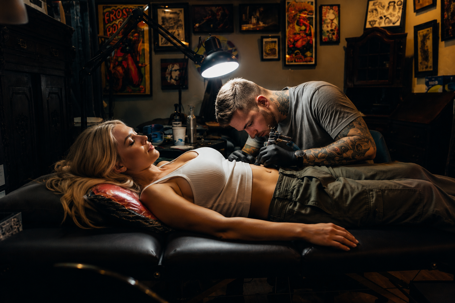 Tattoo artist tattooing a client under studio light