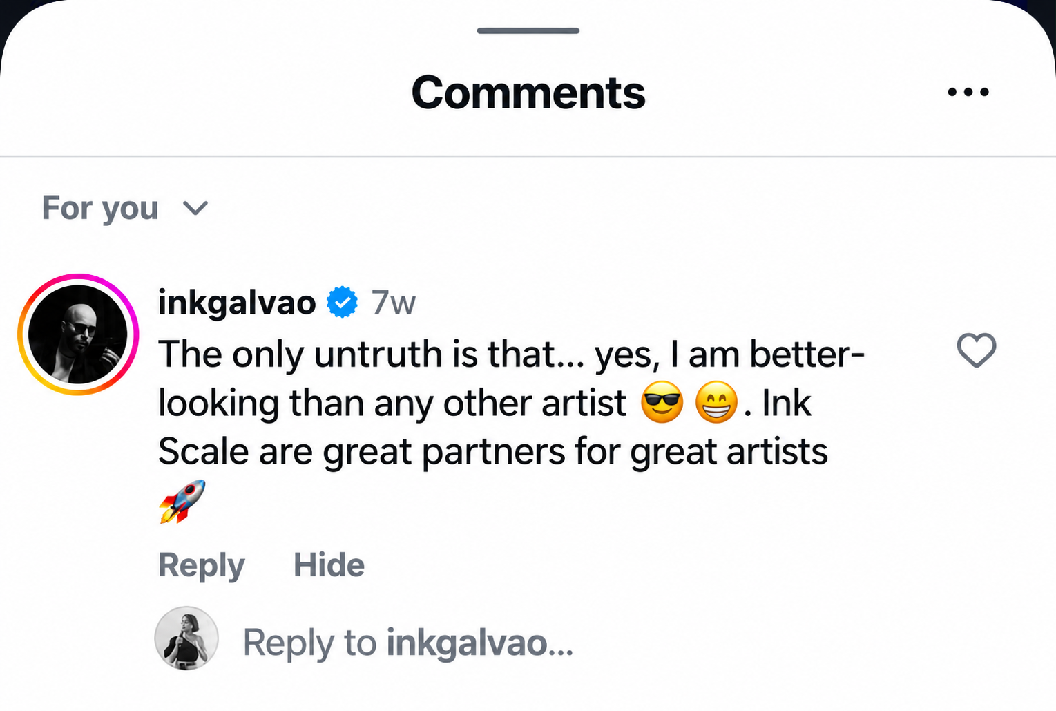 Instagram comment from inkgalvao: Ink Scale are great partners for great artists.