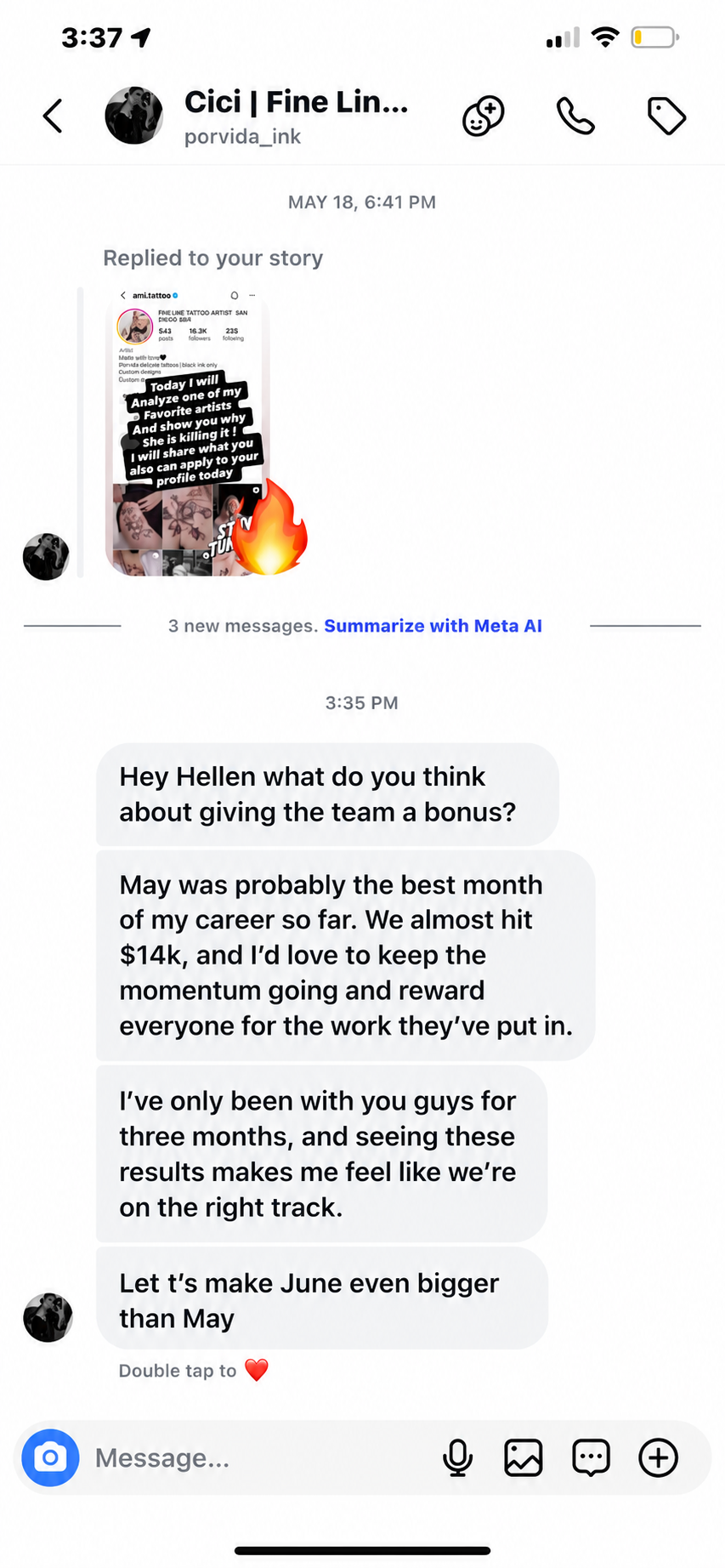 Message from Cici (porvida_ink): May was the best month of my career — we almost hit $14k. Let's make June even bigger.